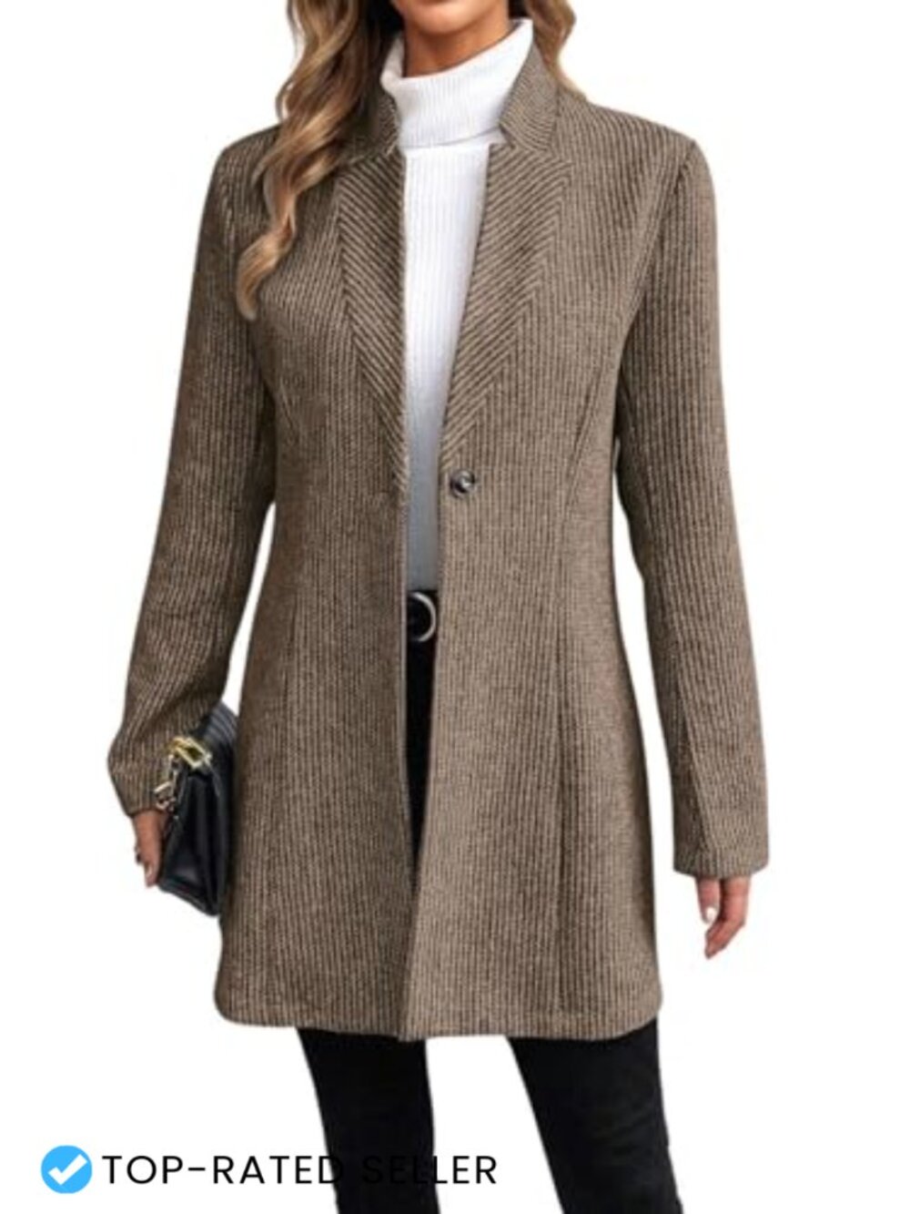 Womens Wool Blend Mid-Long Blazer Coat 1 Button Open Front Business